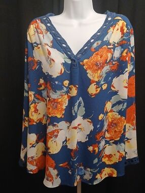NY Collection Blue V-Neck Floral Tunic with Orange and White Accents